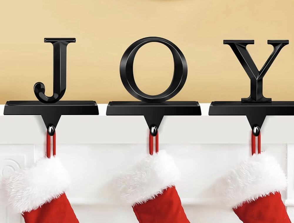 3 Christmas Stocking Holders Metal Mantel Stocking Joy Black